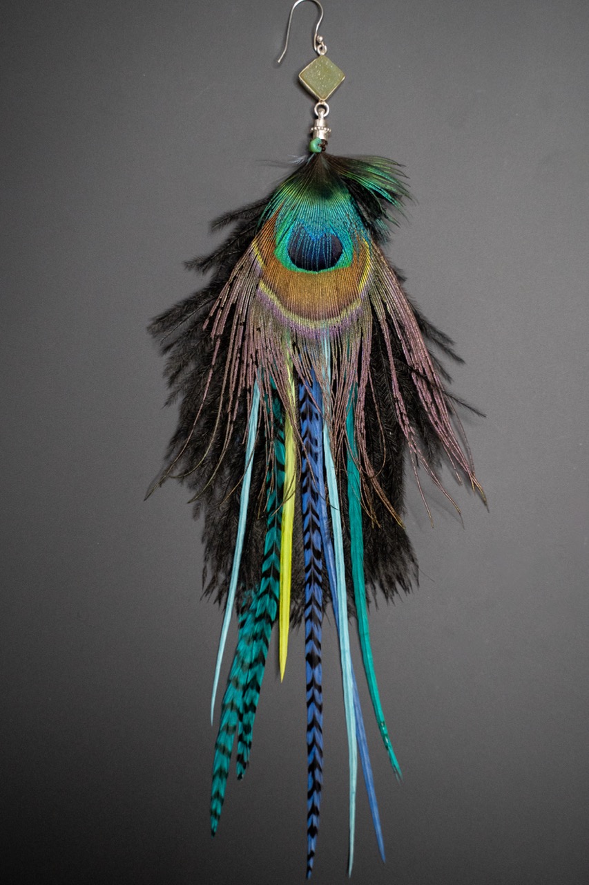 Boucle d'Oreille en Plumes Naturelles et Pierre semi-précieuse