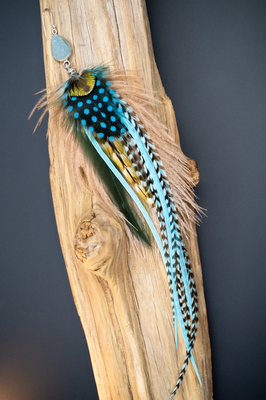 Boucle d'Oreille en Plumes Naturelles et Pierre semi-précieuse