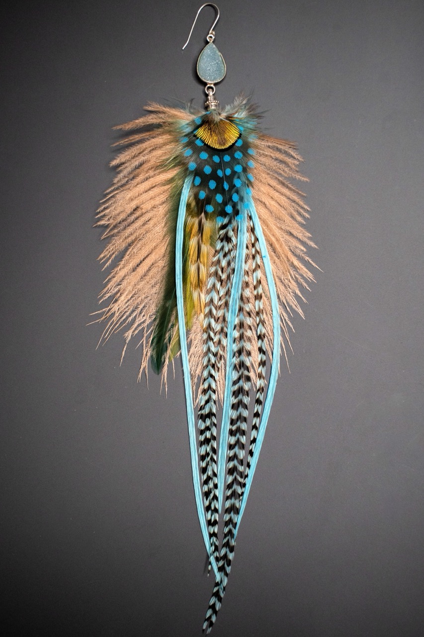 Boucle d'Oreille en Plumes Naturelles et Pierre semi-précieuse