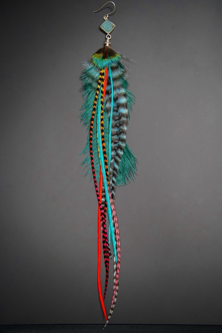 Boucle d'Oreille en Plumes Naturelles et Pierre semi-précieuse