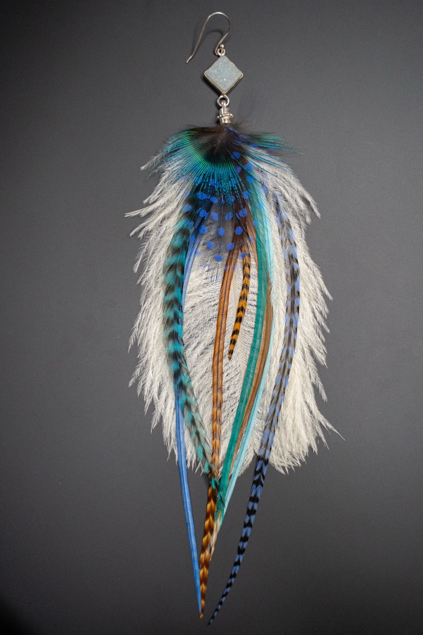 Boucle d'Oreille en Plumes Naturelles et Pierre semi-précieuse