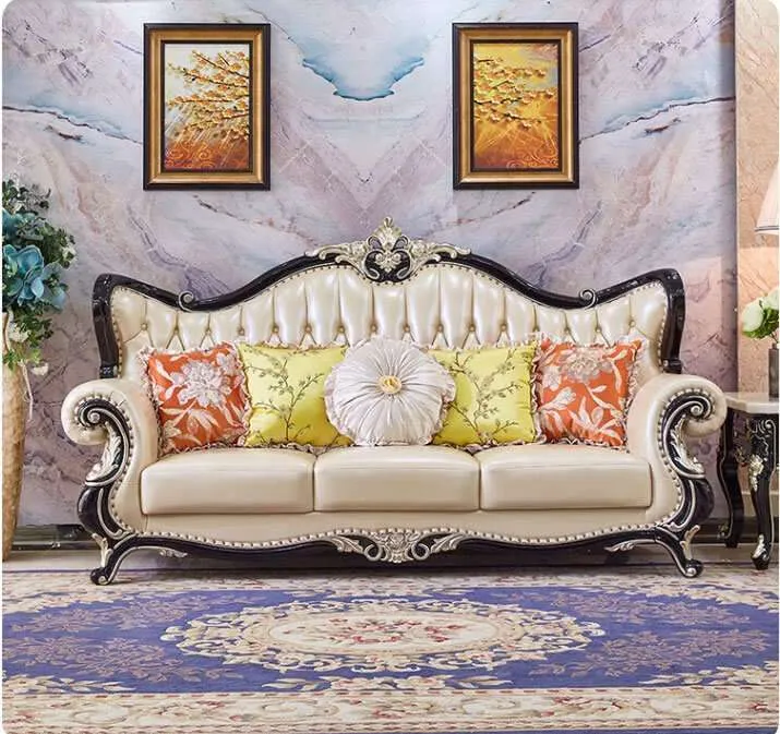 European Style Real Leather Solid Wood Living Room Sofa Set