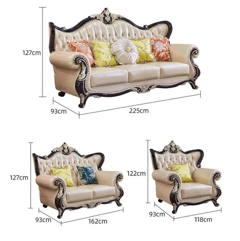 European Style Real Leather Solid Wood Living Room Sofa Set