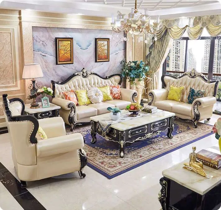 European Style Real Leather Solid Wood Living Room Sofa Set