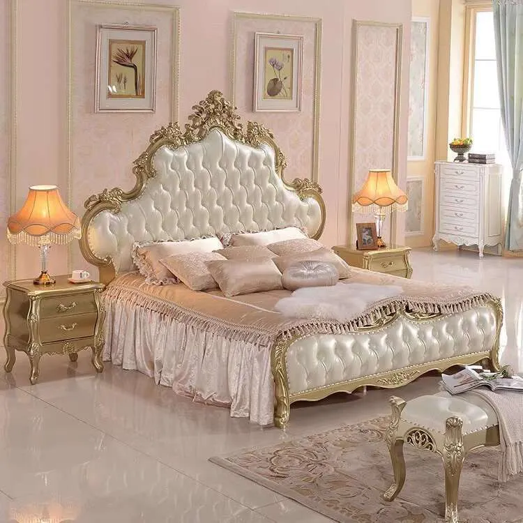 Wood Frame King Size Carved Bed With High Headboard