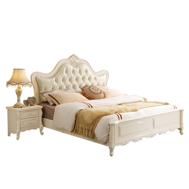 Victorian Style Hand-Carved Solid Teak Wood Bed Leather Upholstery