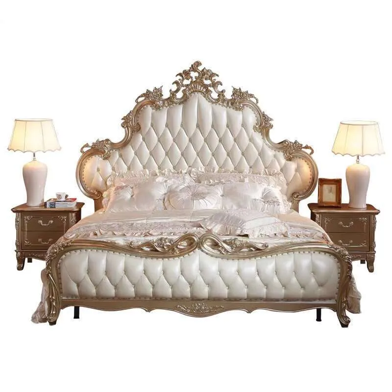 Wood Frame King Size Carved Bed With High Headboard