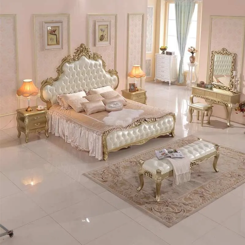 Wood Frame King Size Carved Bed With High Headboard