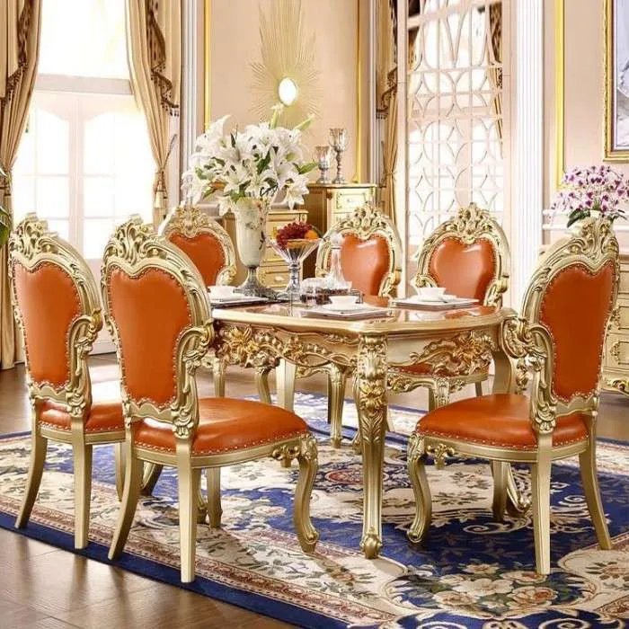 European Style Dining Table with Orange Leather Chair