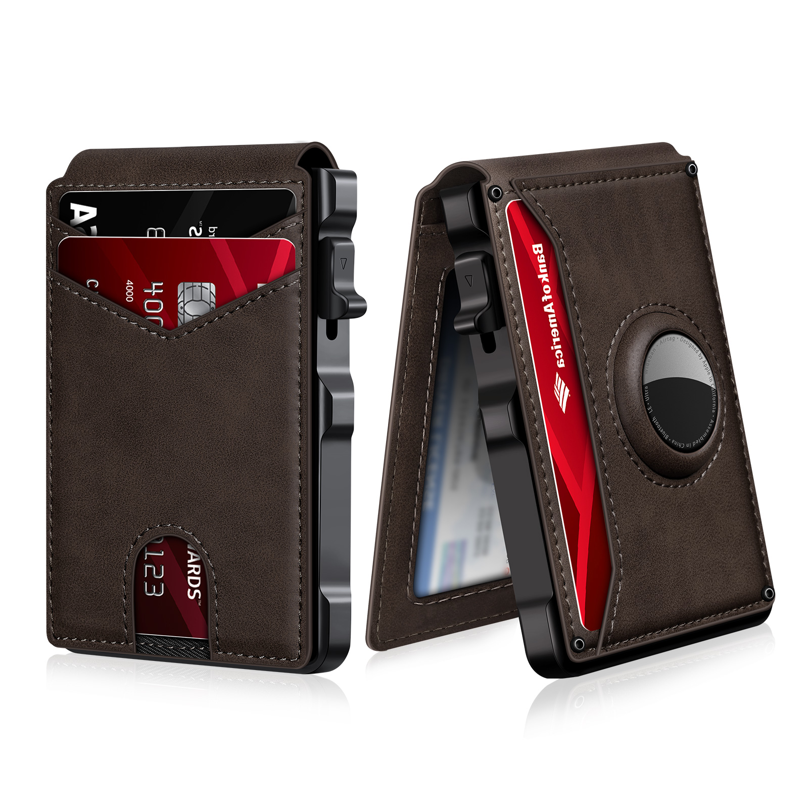 Airtag Wallet for Men, Mens Smart Wallet for Air Tag RFID Blocking, Minimalist Bifold Pop Up Aluminum Credit Card Case Holder 12+ Cards with ID Window, Gift for Men, No Airtag Included, Coffee Brown