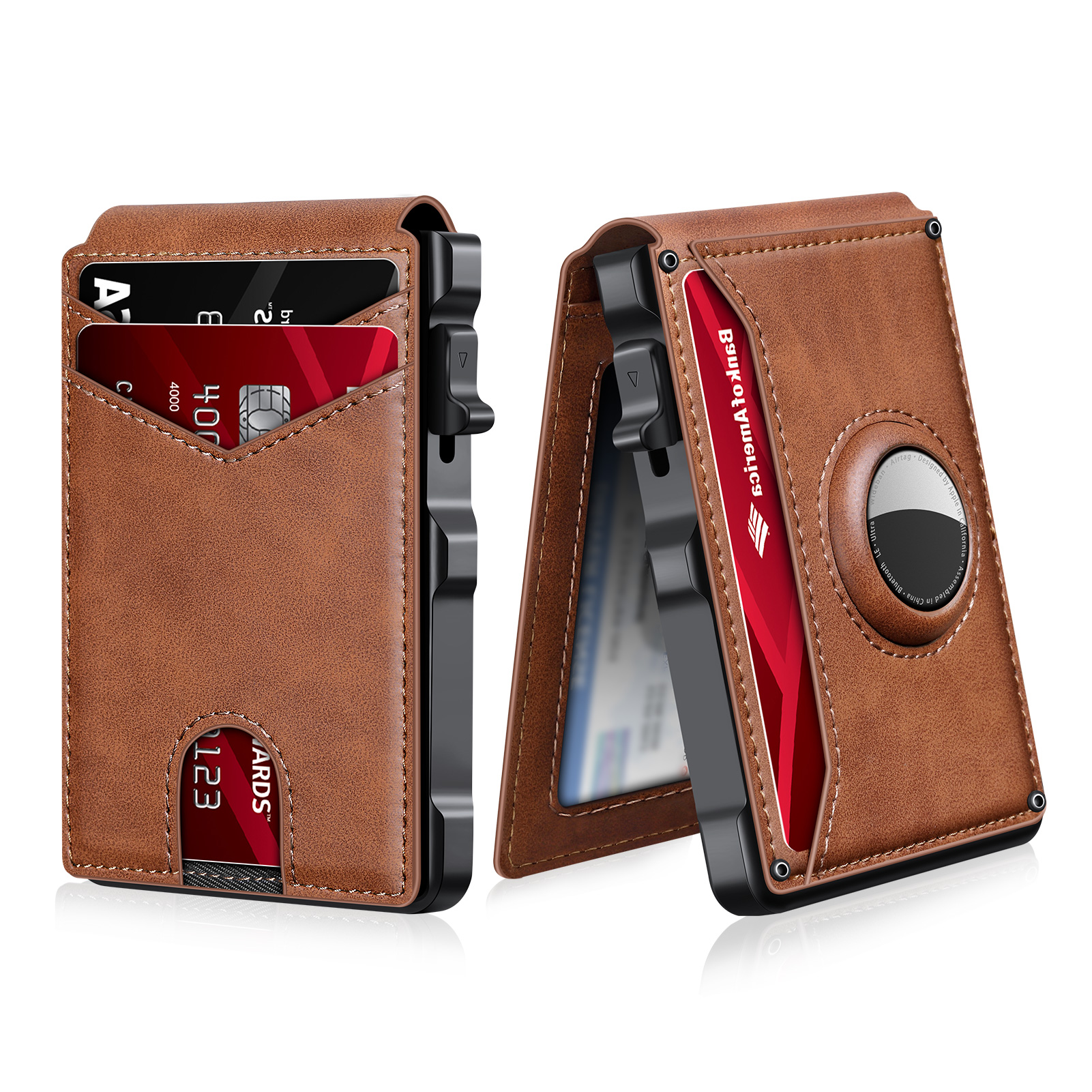 Airtag Wallet for Men, Mens Smart Wallet for Air Tag RFID Blocking, Minimalist Bifold Pop Up Aluminum Credit Card Case Holder 12+ Cards with ID Window, Gift for Men, No Airtag Included, Brown