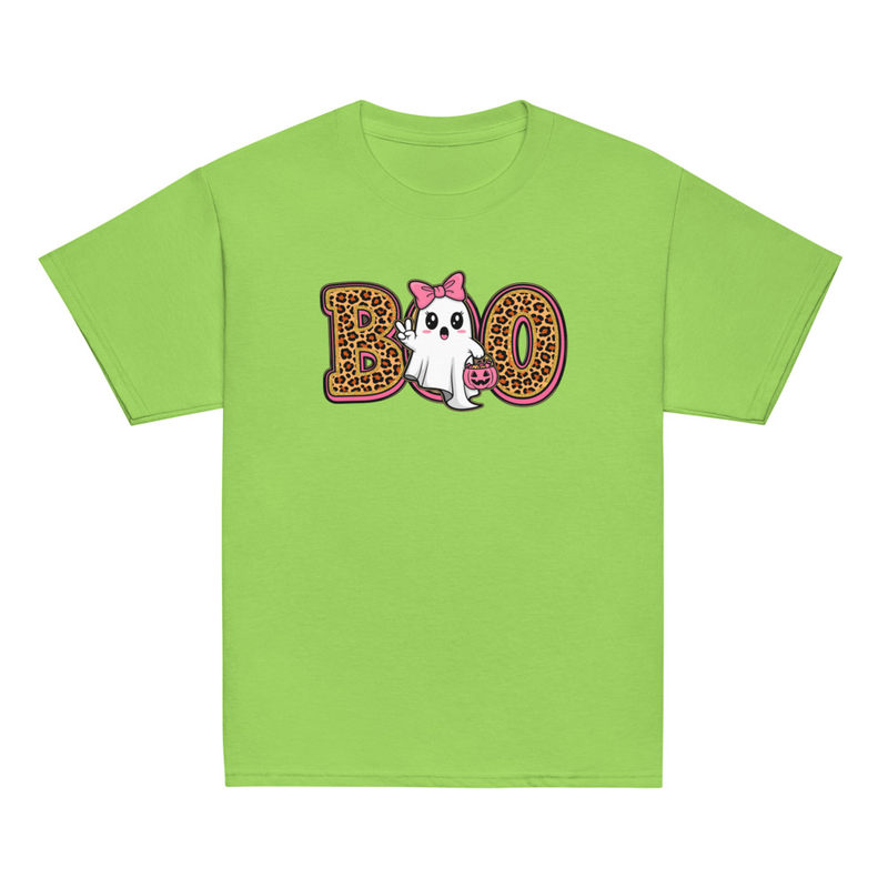 Halloween Leopard Print Boo Ghost with Bow Youth Tee