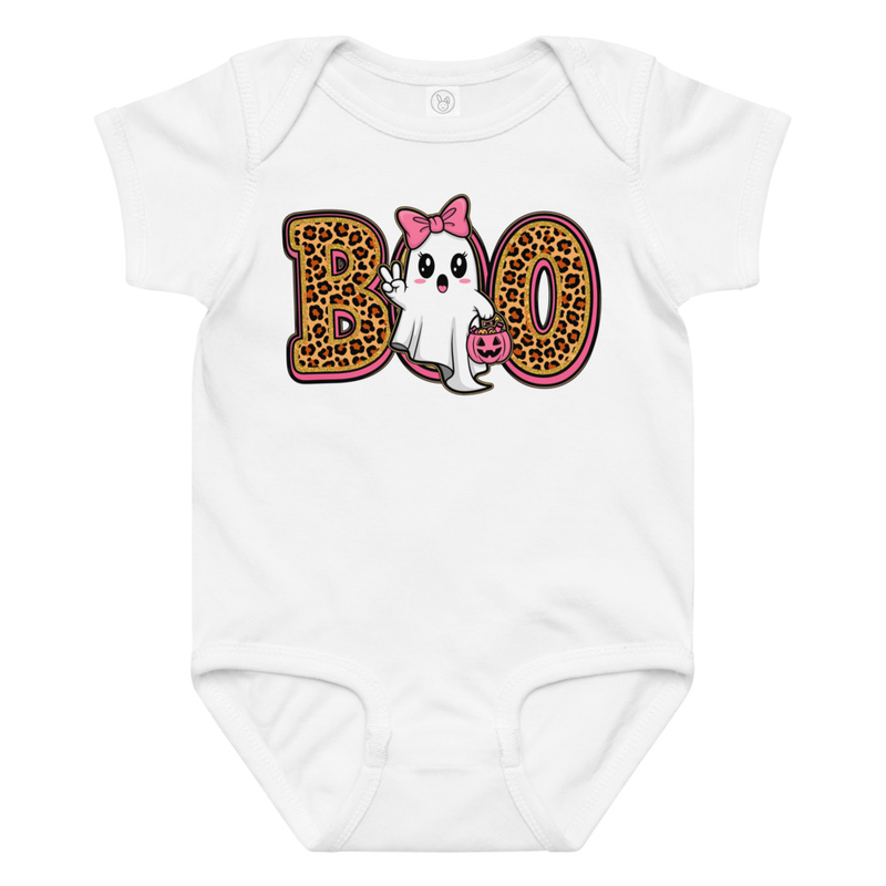 Halloween Leopard Print Boo Ghost with Bow Baby Bodysuit
