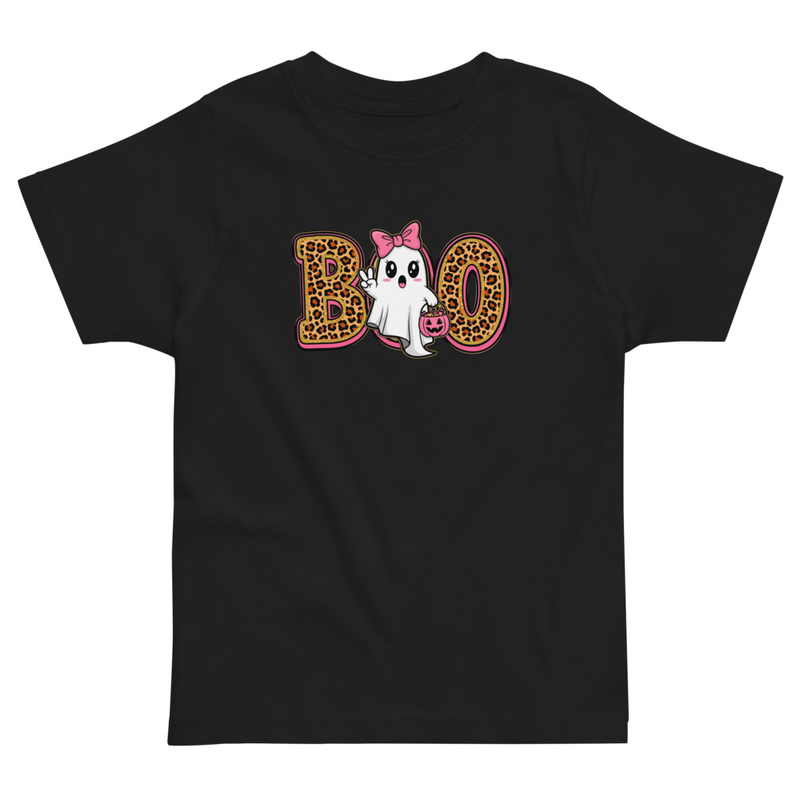Halloween Leopard Print Boo Ghost with Bow Toddler Tee