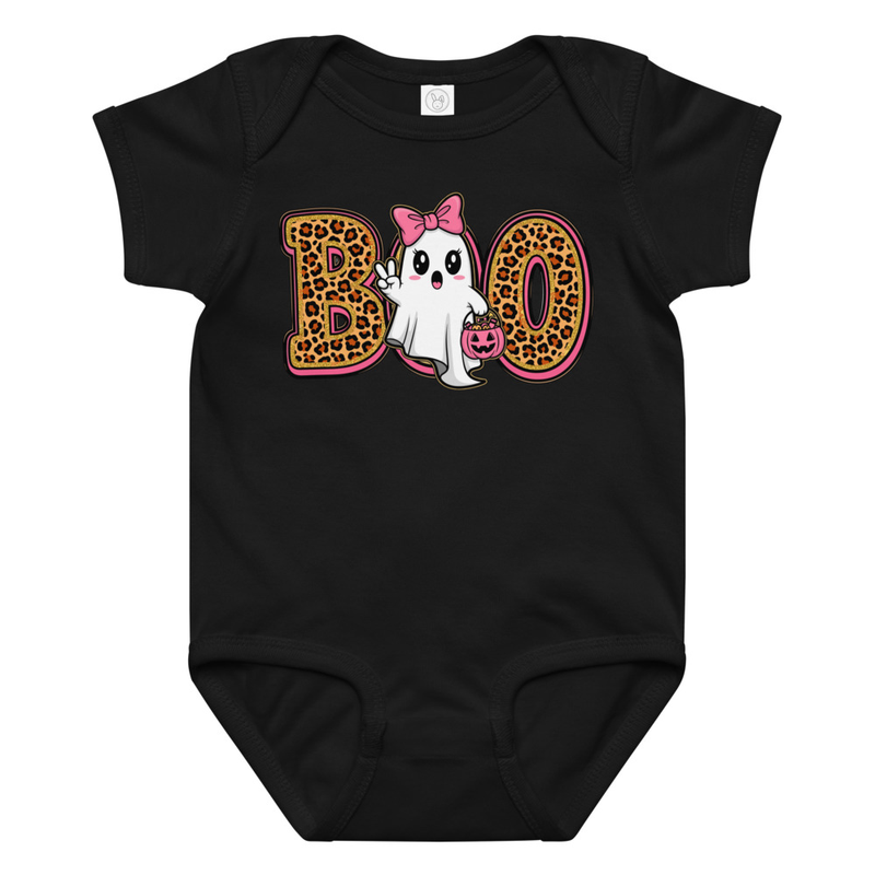 Halloween Leopard Print Boo Ghost with Bow Baby Bodysuit