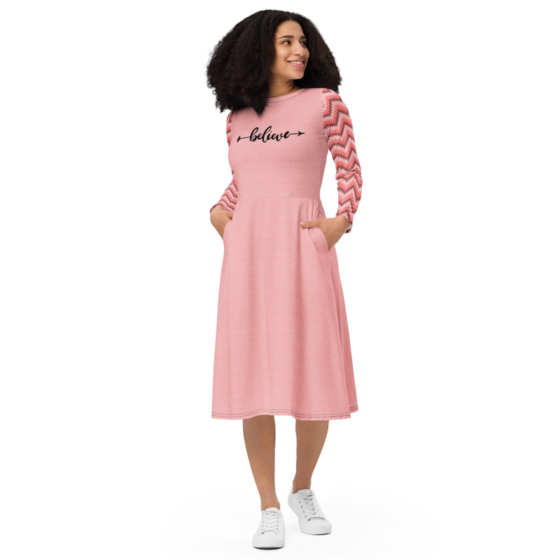 Believe Pink Chevron Midi Dress Long Sleeves
