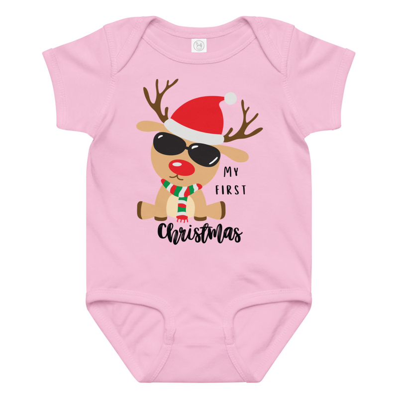 My First Christmas Reindeer with Sunglasses Baby Bodysuit