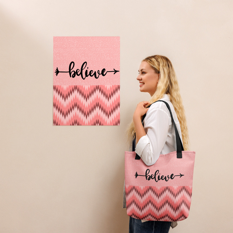 Believe Pink Chevron Tote Bag