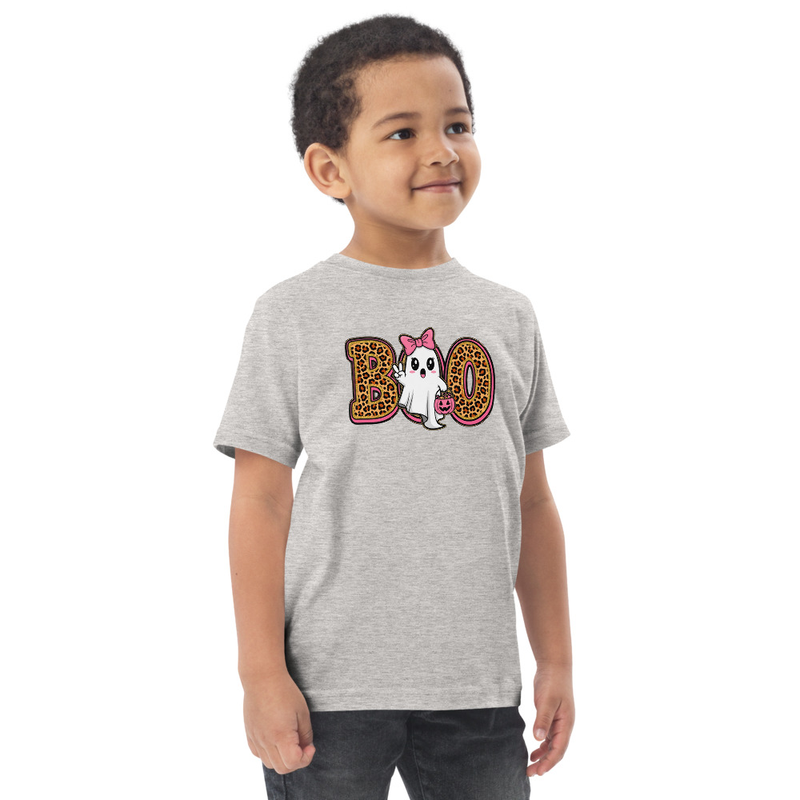 Halloween Leopard Print Boo Ghost with Bow Toddler Tee