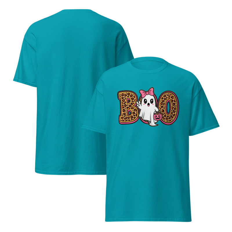 Halloween Leopard Print Boo Ghost with Bow Adult Unisex Tee