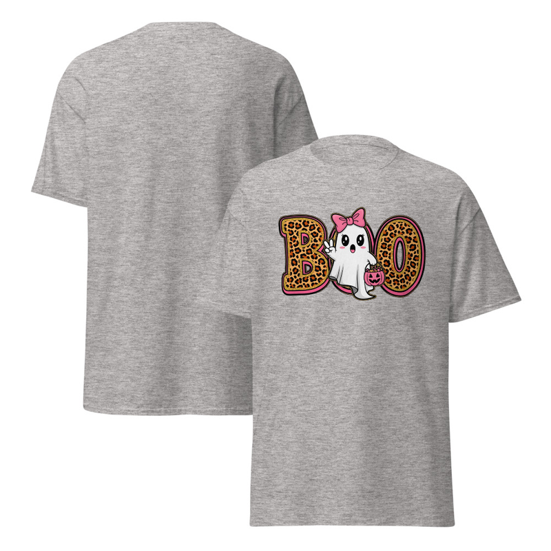 Halloween Leopard Print Boo Ghost with Bow Adult Unisex Tee