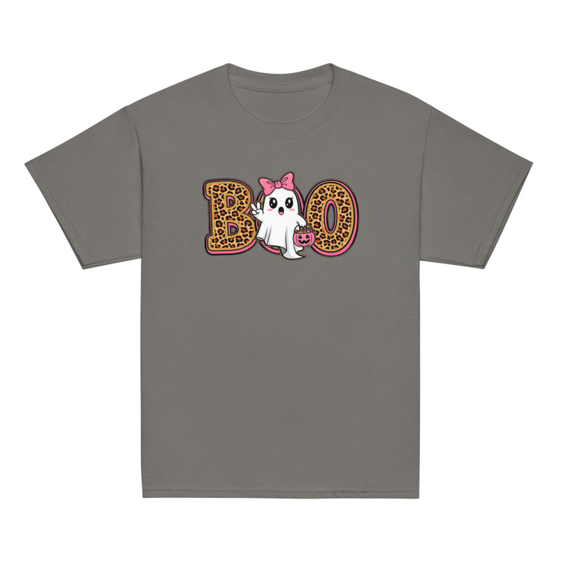 Halloween Leopard Print Boo Ghost with Bow Youth Tee