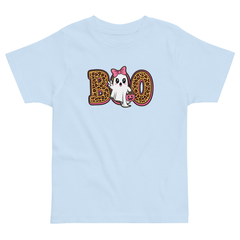 Halloween Leopard Print Boo Ghost with Bow Toddler Tee