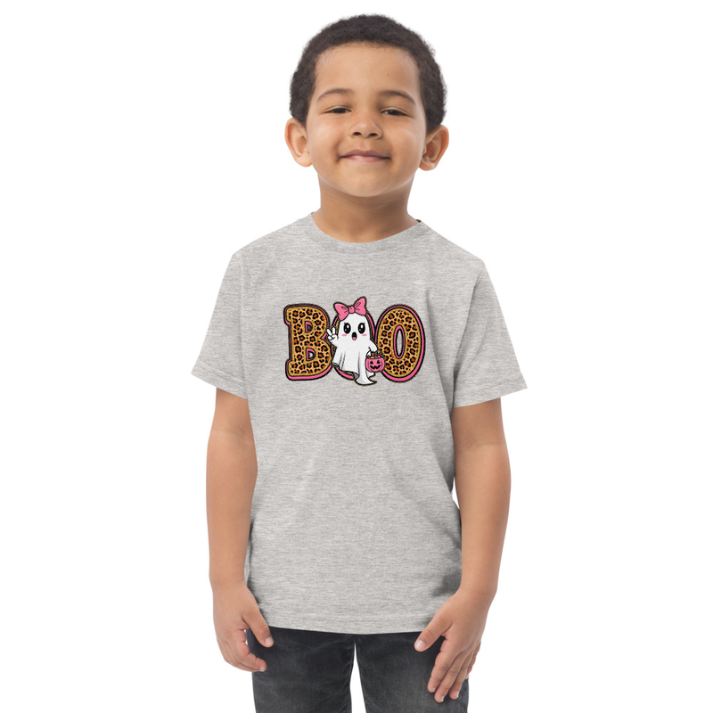Halloween Leopard Print Boo Ghost with Bow Toddler Tee