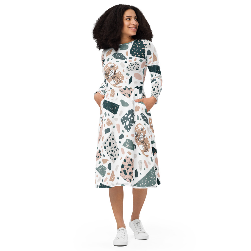 Flower Speckle Pattern Midi Dress Long Sleeves