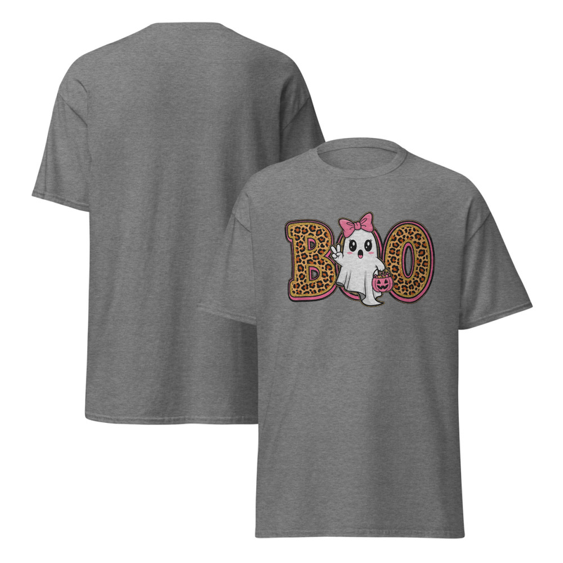 Halloween Leopard Print Boo Ghost with Bow Adult Unisex Tee