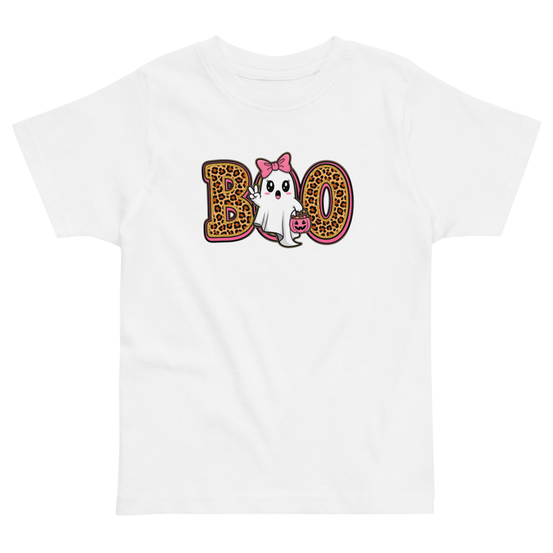 Halloween Leopard Print Boo Ghost with Bow Toddler Tee