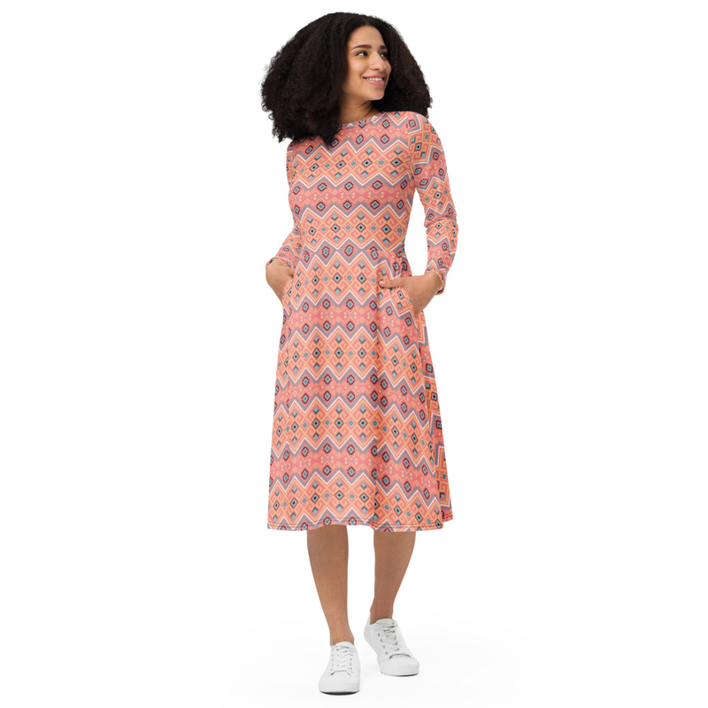 Tribal Pattern Midi Dress Long Sleeves