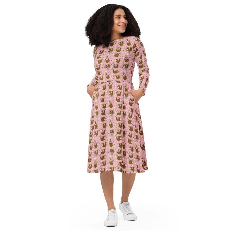 Sloth Pattern Midi Dress Long Sleeves