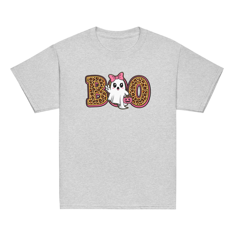 Halloween Leopard Print Boo Ghost with Bow Youth Tee