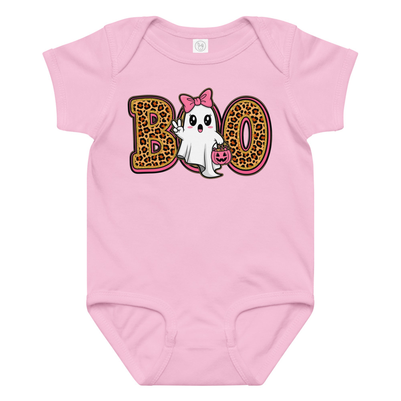 Halloween Leopard Print Boo Ghost with Bow Baby Bodysuit