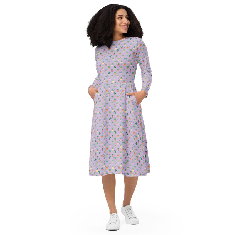 Cactus Pattern Midi Dress Long Sleeves