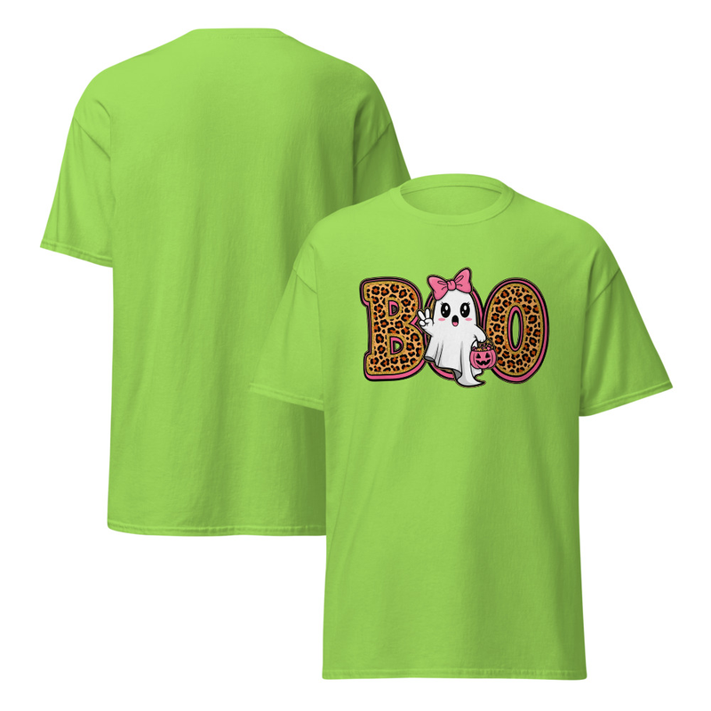 Halloween Leopard Print Boo Ghost with Bow Adult Unisex Tee