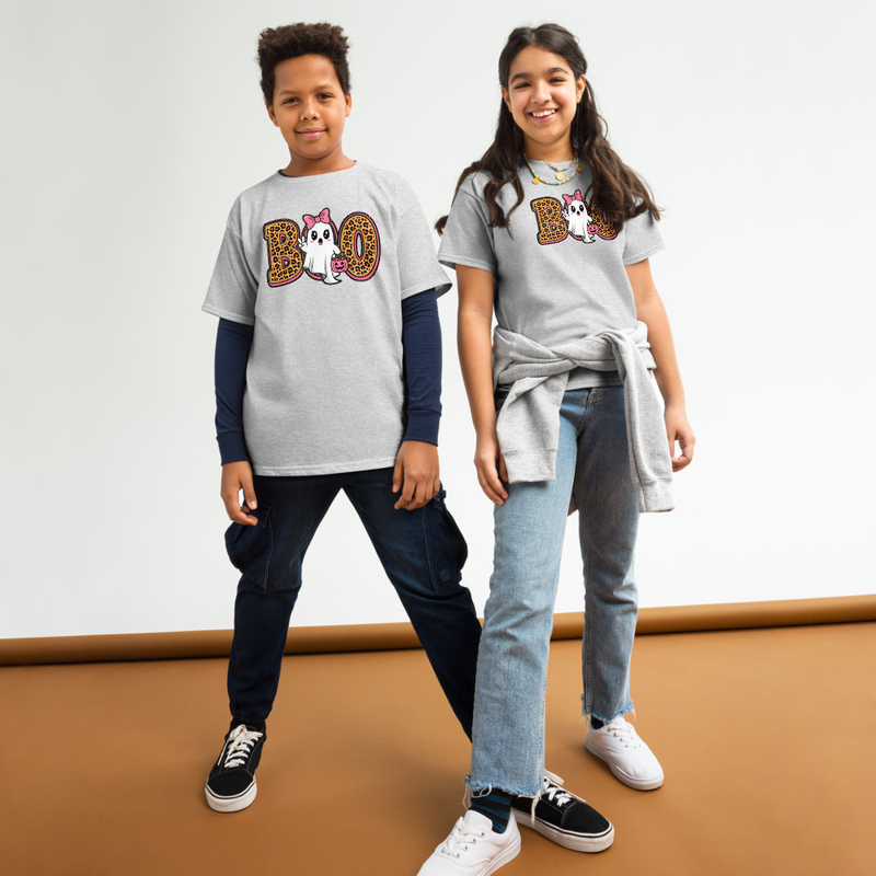 Halloween Leopard Print Boo Ghost with Bow Youth Tee