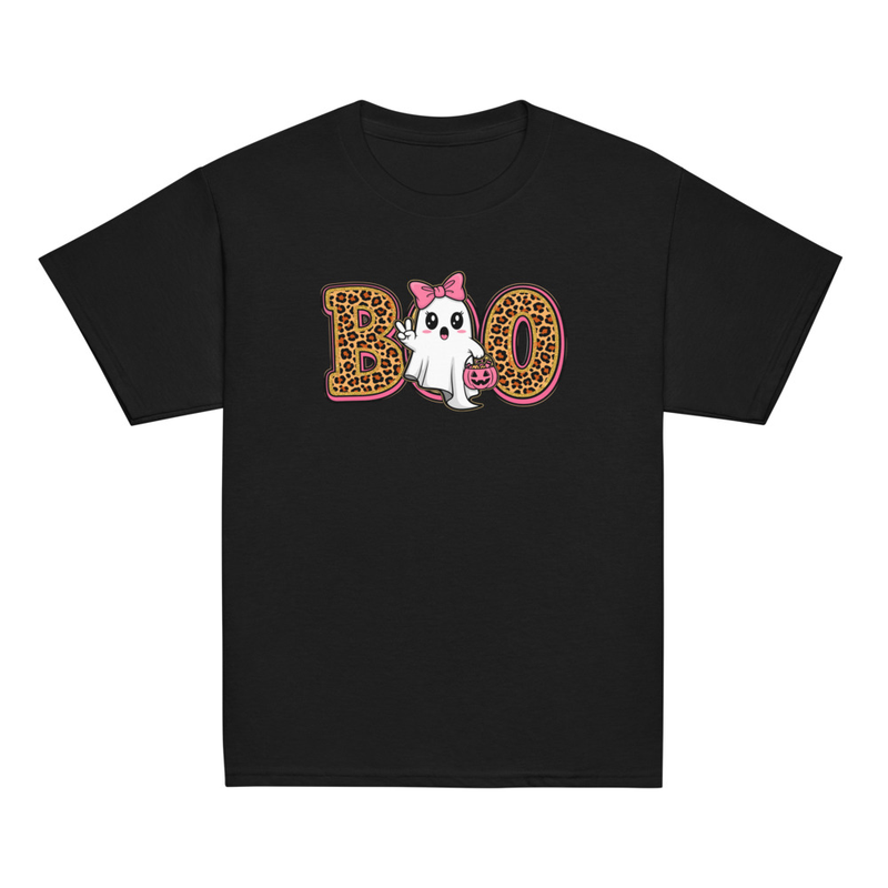 Halloween Leopard Print Boo Ghost with Bow Youth Tee