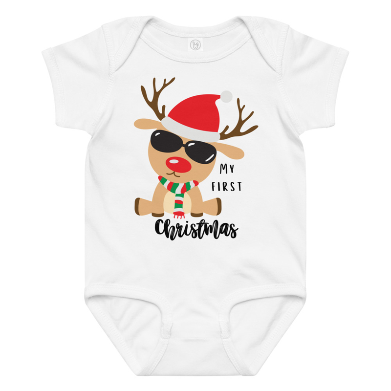 My First Christmas Reindeer with Sunglasses Baby Bodysuit