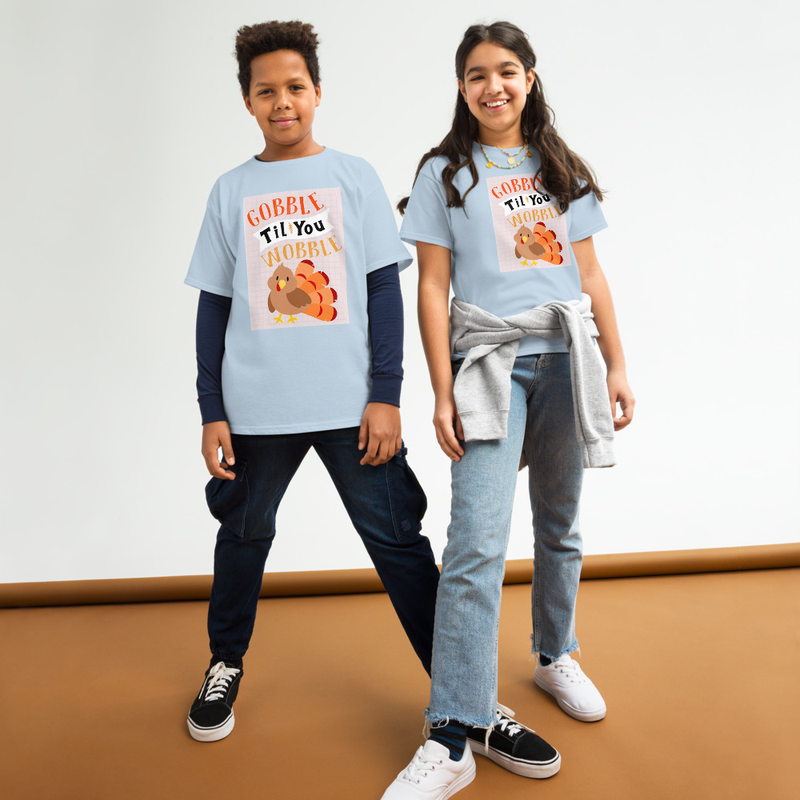 Thanksgiving Gobble Til You Wobble Cute Turkey Youth Tee