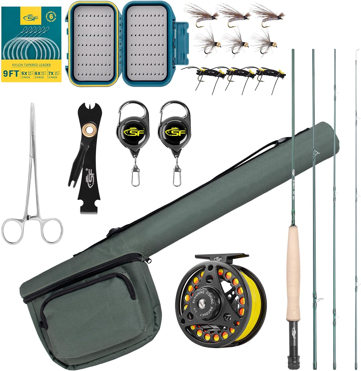 SF Fly Fishing Rod Combo Starter Kit Semi Gloss Green Jade Finish 24T Carbon Fiber Trout Travel Fly Rod with Reel,Fly Rod case,Fly Box , Flies,Tapered Leader,Knot Tying Tools
