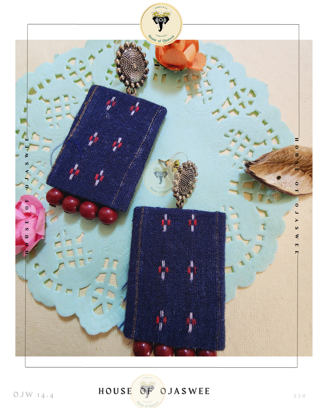 Fabric Earrings - Dark Blue with Red Beads