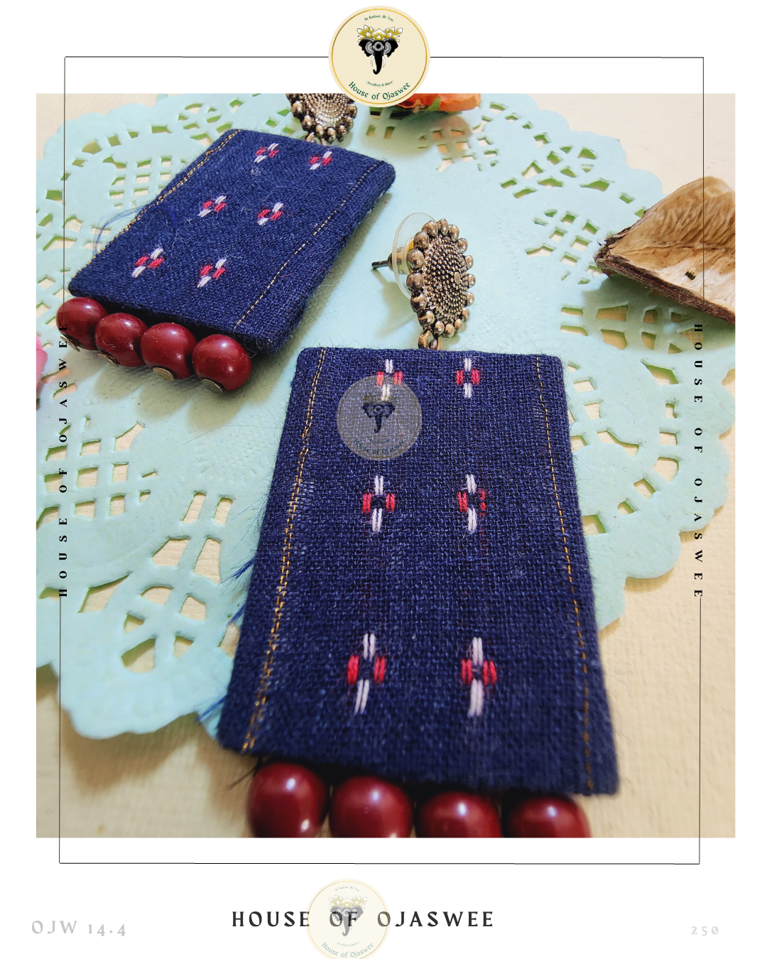 Fabric Earrings - Dark Blue with Red Beads