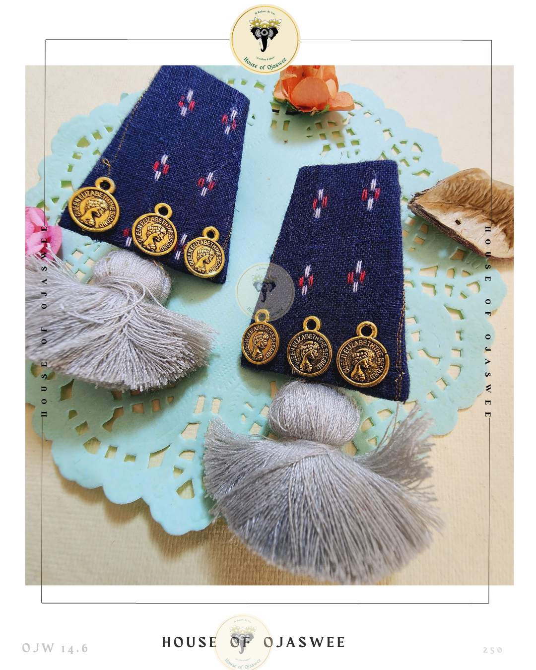 Fabric Earrings - Dark Blue with Grey Tassels