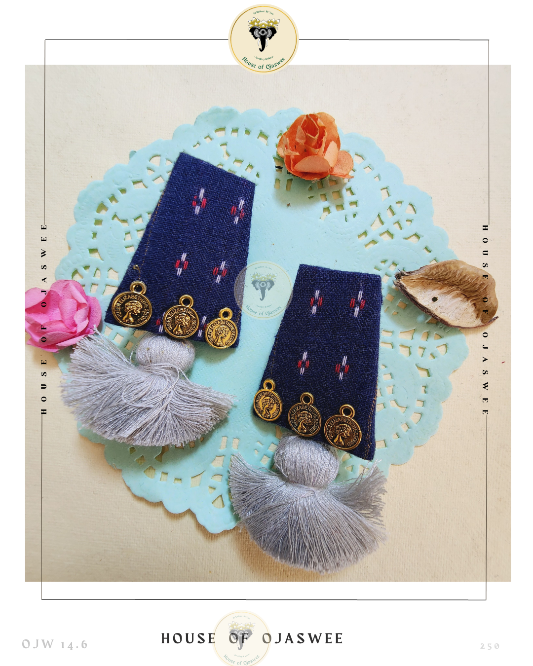 Fabric Earrings - Dark Blue with Grey Tassels