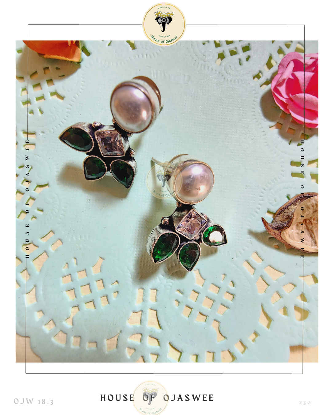 German Silver Earrings - Emerald-White
