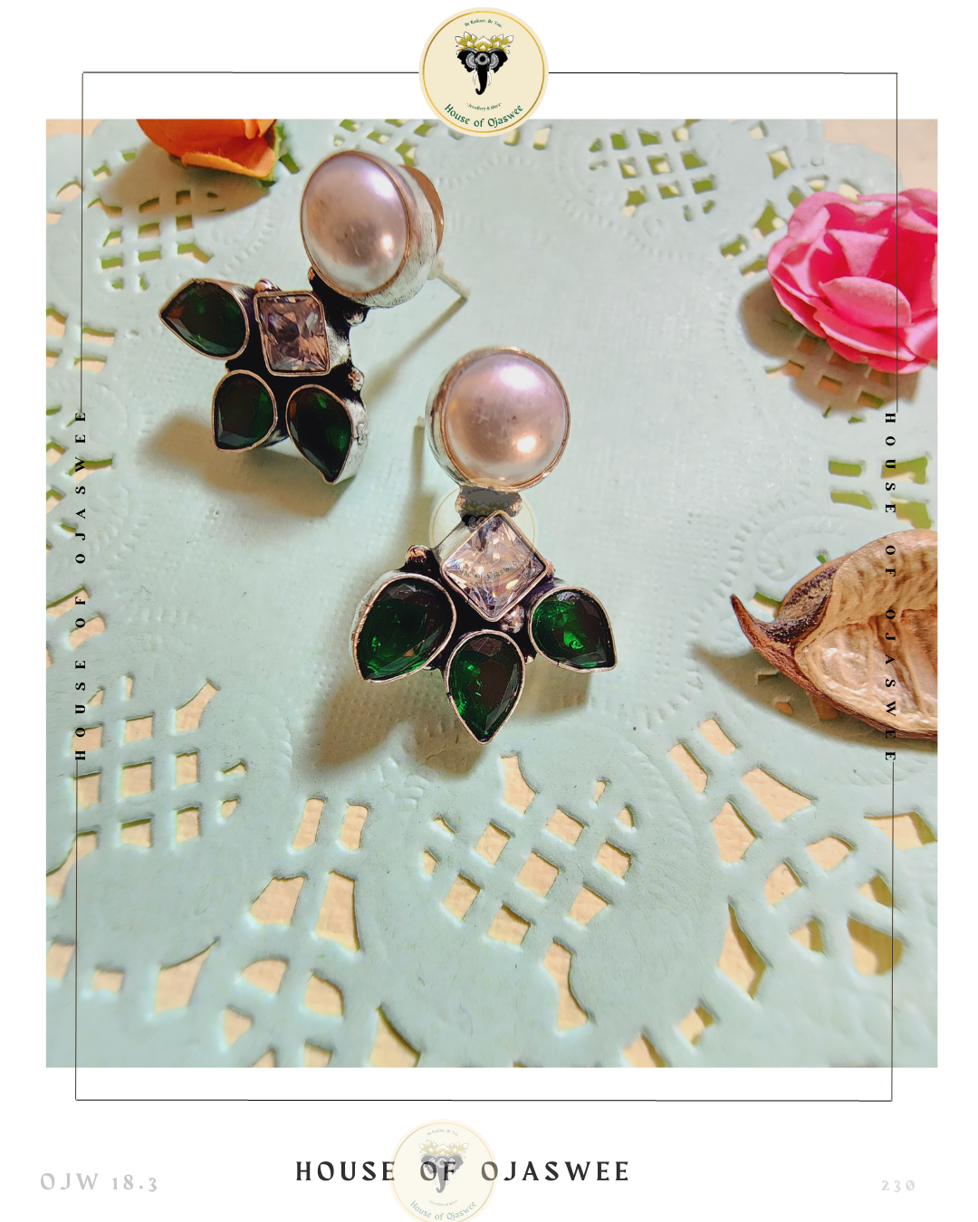 German Silver Earrings - Emerald-White