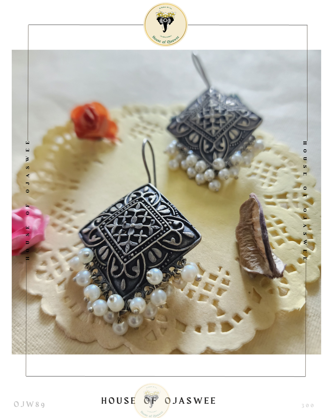 Oxidized Earrings Diamond shaped & Pearl 