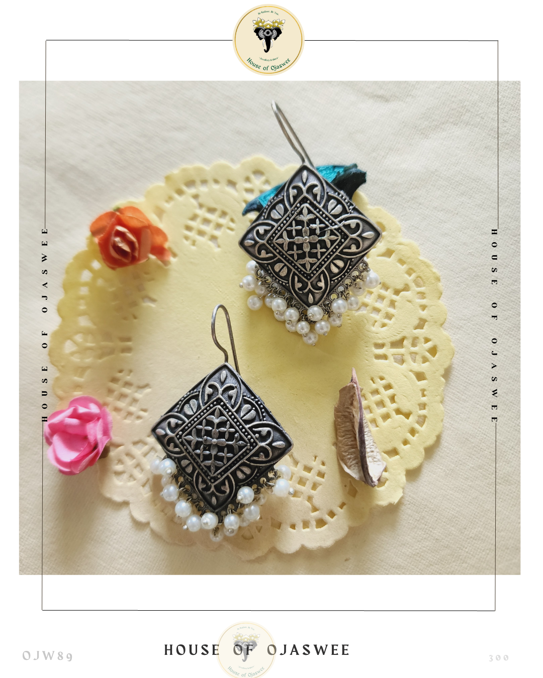 Oxidized Earrings Diamond shaped & Pearl